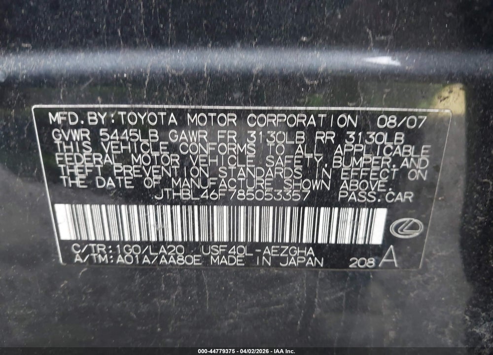 2008 LEXUS LS 460 VIN: JTHBL46F785053357