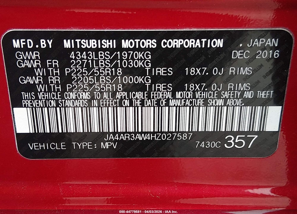 2017 MITSUBISHI OUTLANDER SPORT 2.4 SE VIN: JA4AR3AW4HZ027587