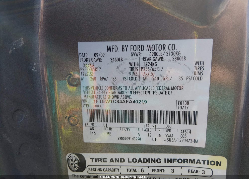 2010 FORD F-150 FX2 SPORT/XL/XLT VIN: 1FTEW1C84AFA40219