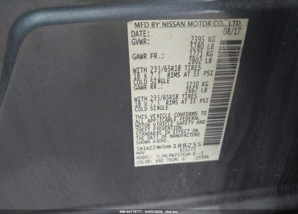 2017 NISSAN MURANO S VIN: 5N1AZ2MH5HN188255