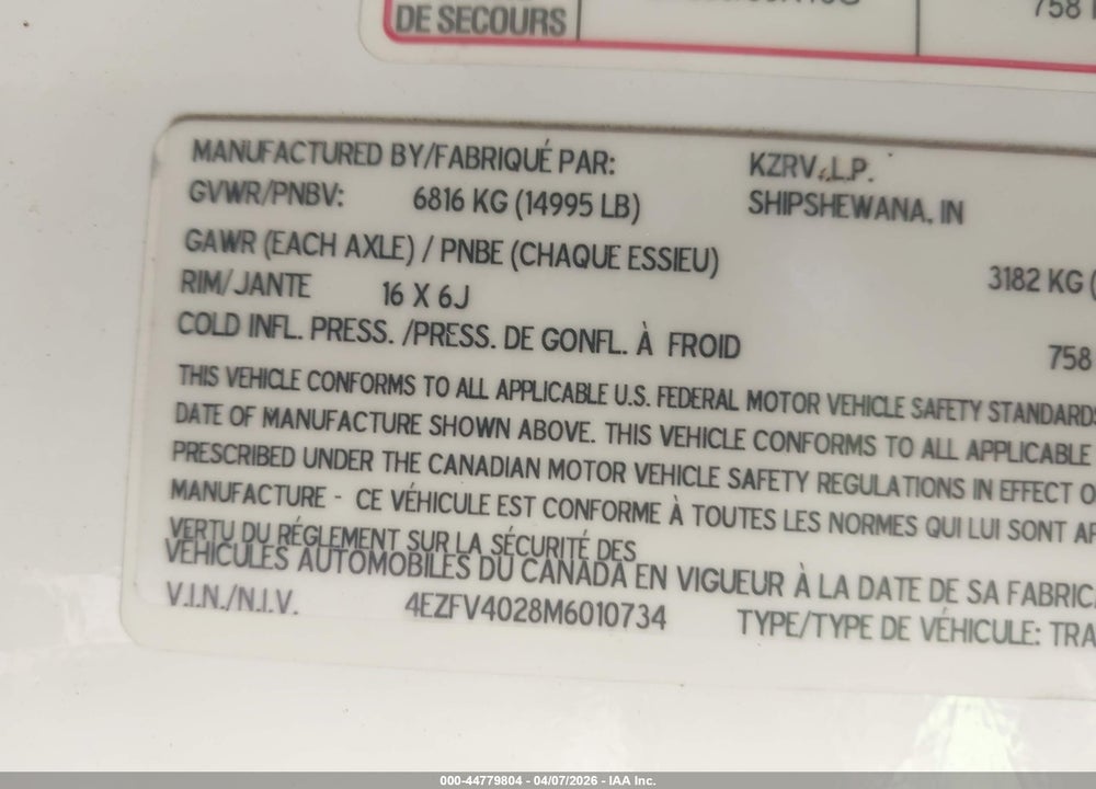 2021 K-Z INC DURANGO GOLD FIFTH W VIN: 4EZFV4028M6010734