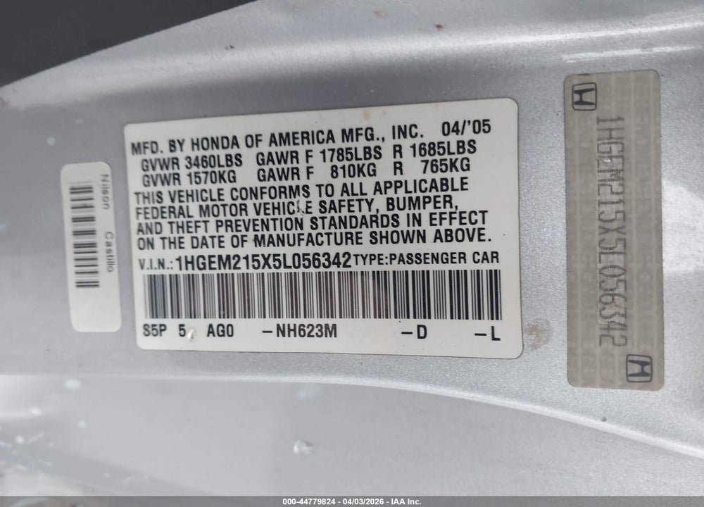 2005 HONDA CIVIC LX VIN: 1HGEM215X5L056342