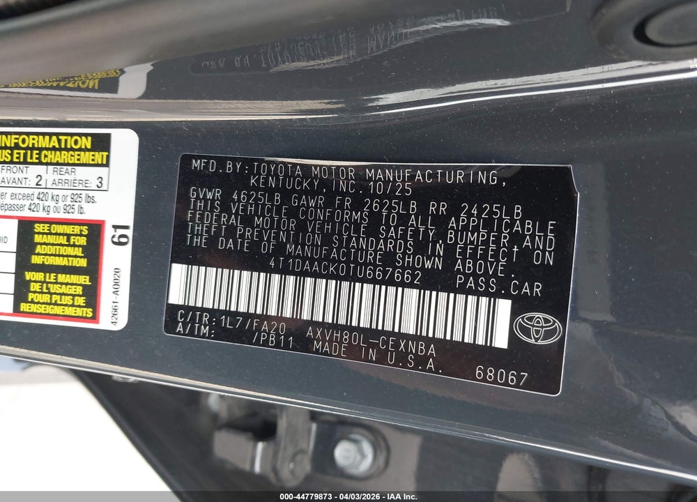2026 TOYOTA CAMRY LE VIN: 4T1DAACK0TU667662