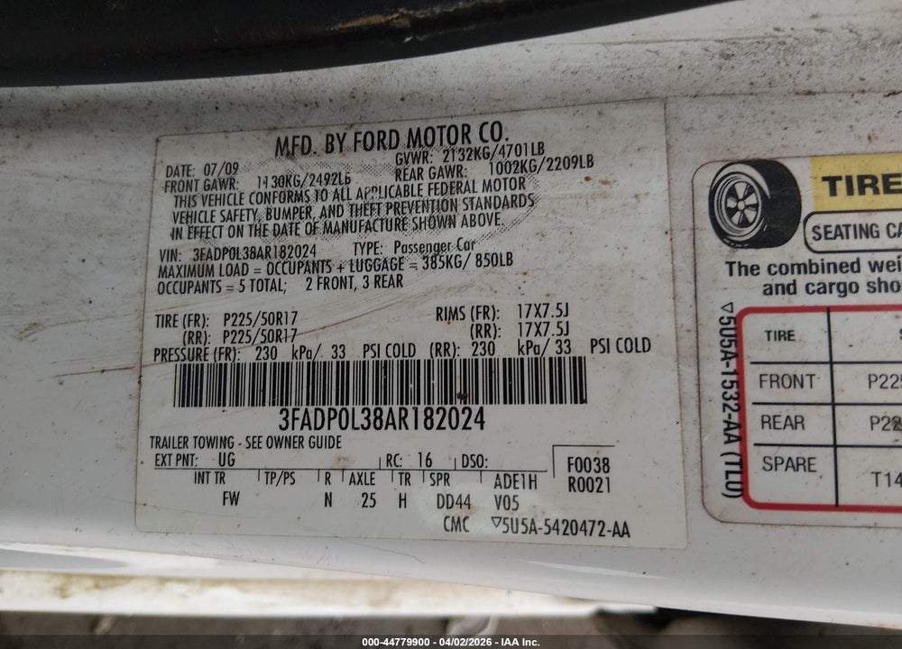 2010 FORD FUSION HYBRID VIN: 3FADP0L38AR182024