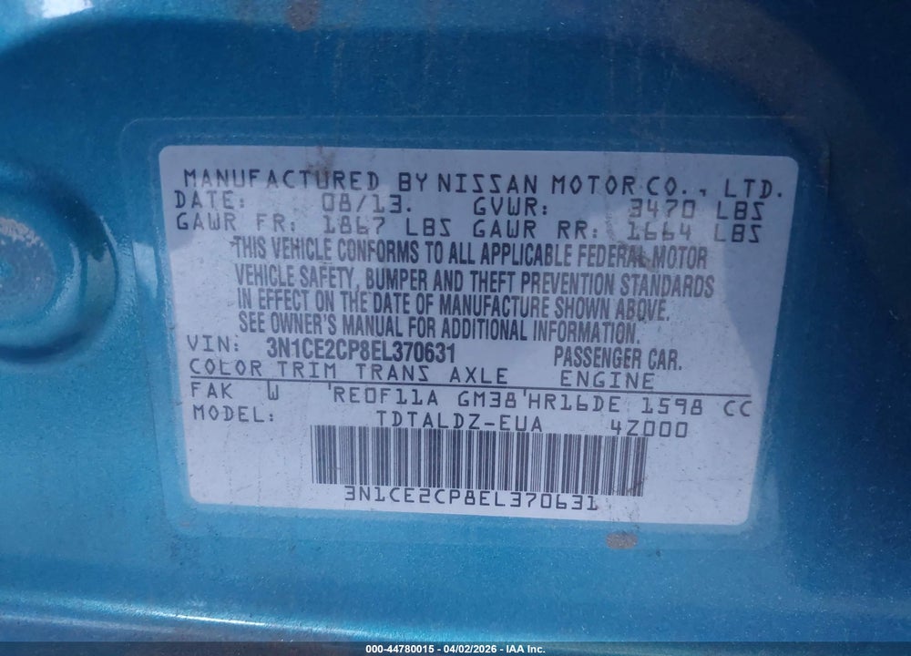 2014 NISSAN VERSA NOTE VIN: 3N1CE2CP8EL370631