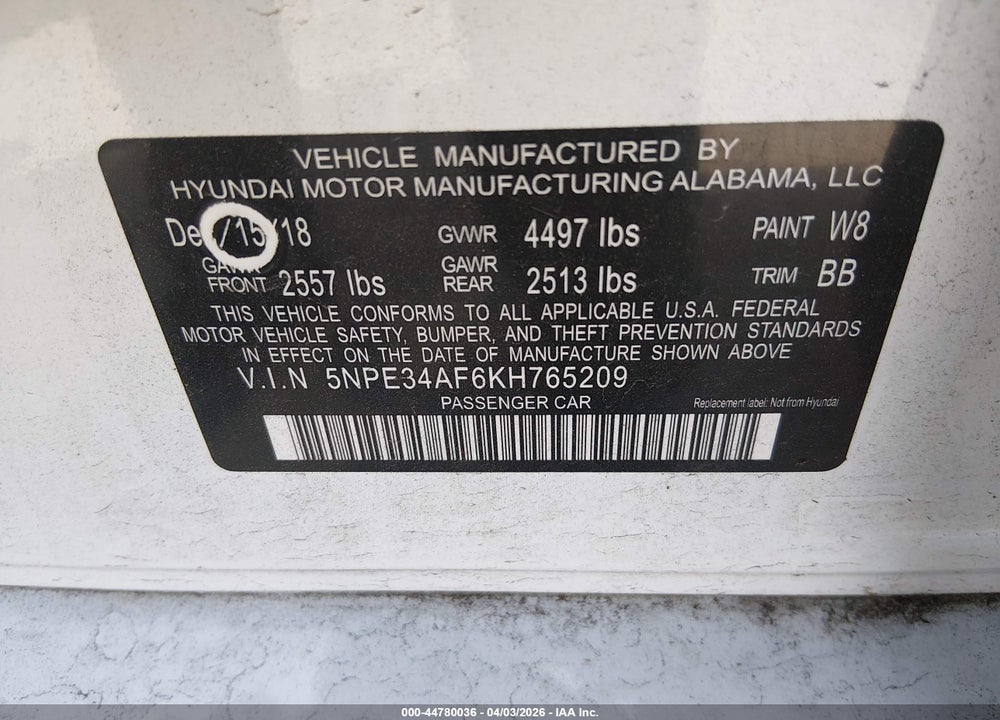 2019 HYUNDAI SONATA LIMITED VIN: 5NPE34AF6KH765209