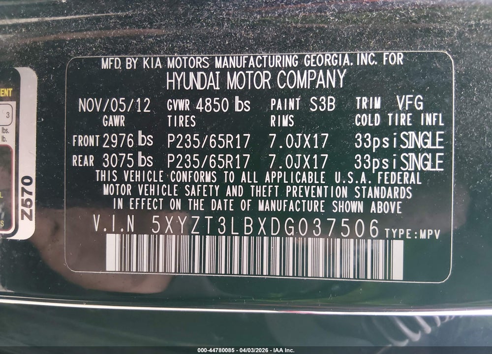 2013 HYUNDAI SANTA FE SPORT VIN: 5XYZT3LBXDG037506