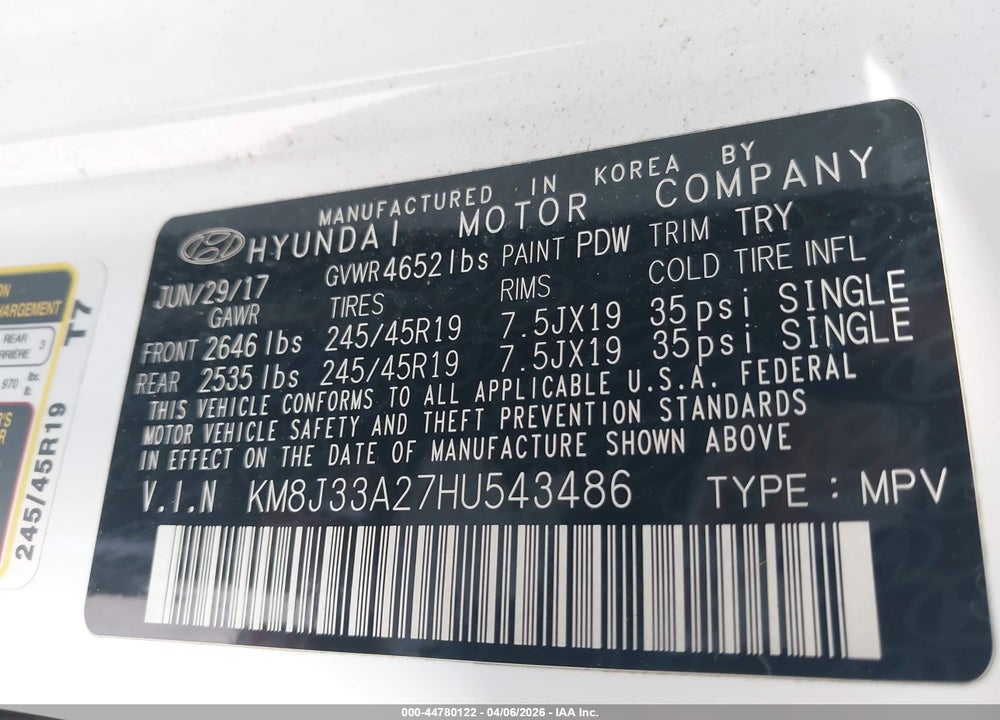 2017 HYUNDAI TUCSON NIGHT VIN: KM8J33A27HU543486
