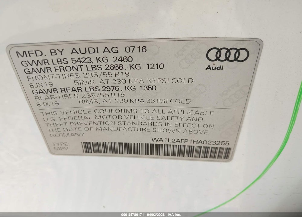 2017 AUDI Q5 VIN: WA1L2AFP1HA023255