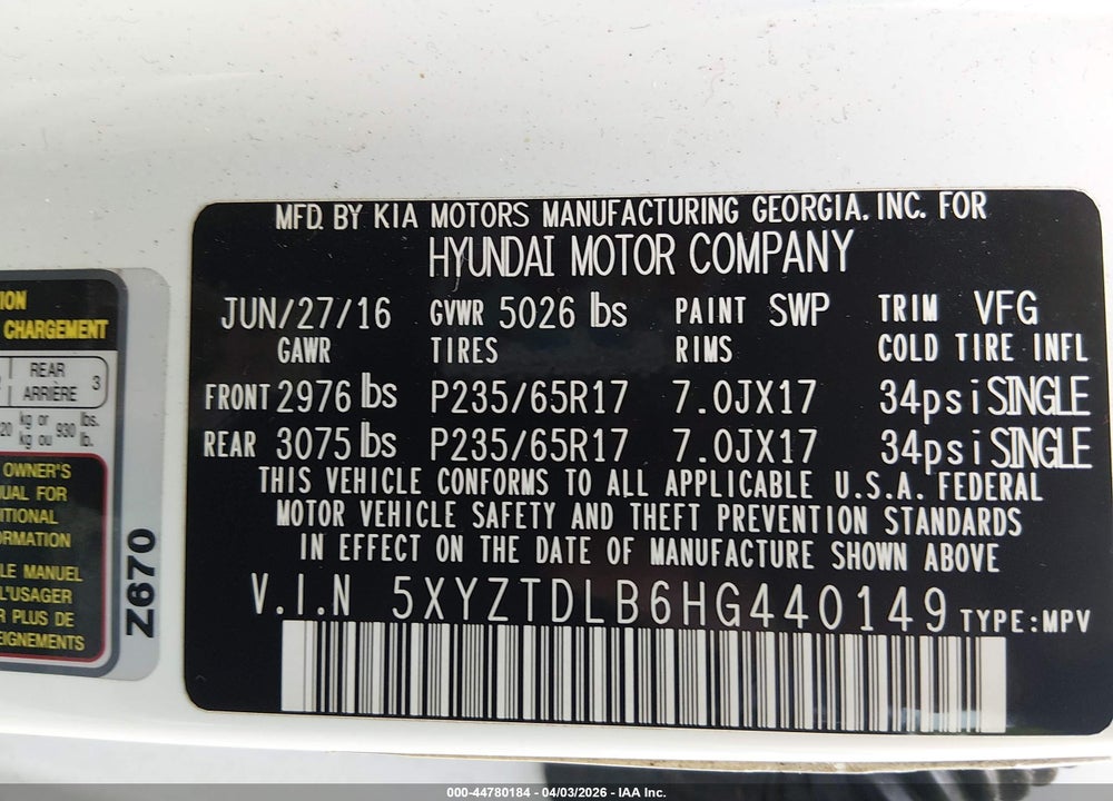 2017 HYUNDAI SANTA FE SPORT 2.4L VIN: 5XYZTDLB6HG440149