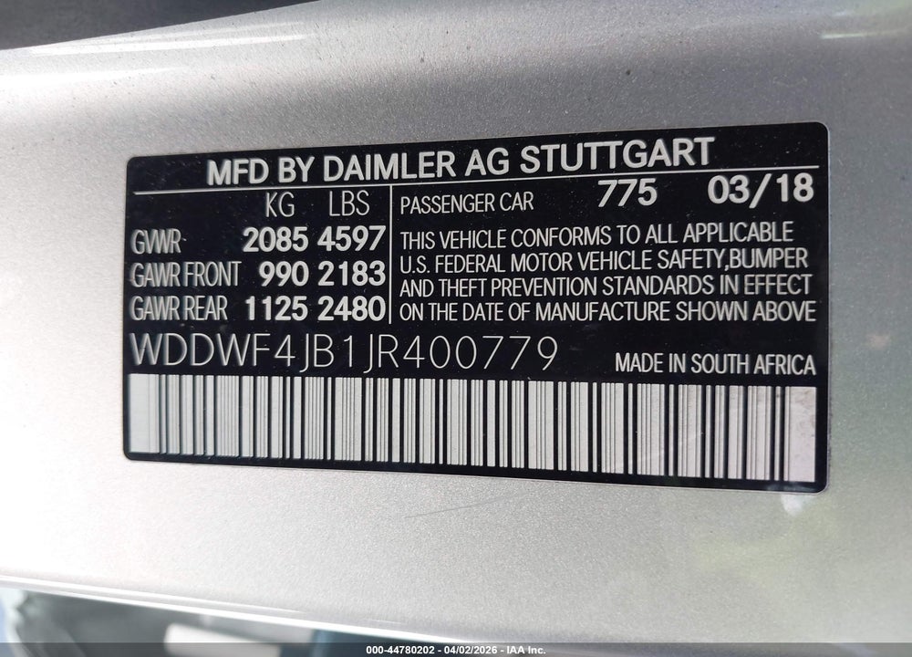2018 MERCEDES-BENZ C 300 VIN: WDDWF4JB1JR400779