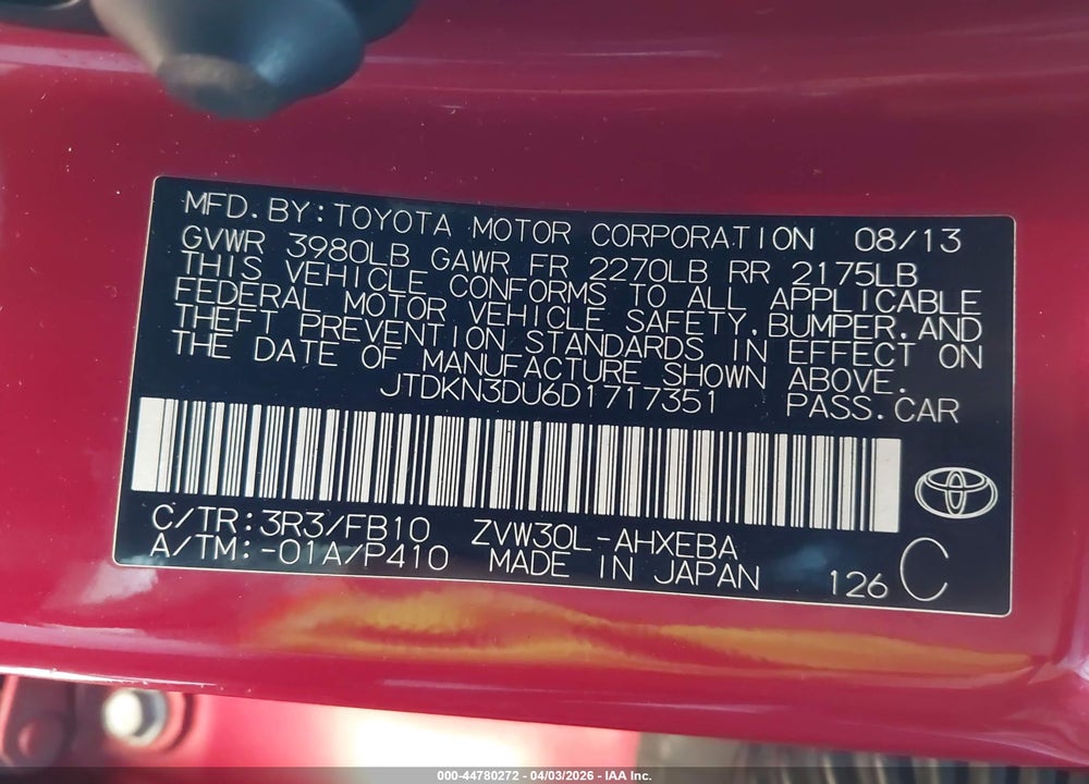 2013 TOYOTA PRIUS THREE VIN: JTDKN3DU6D1717351
