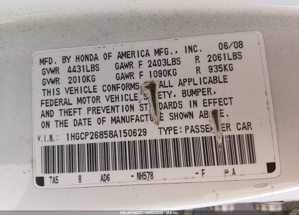 2008 HONDA ACCORD 2.4 EX-L VIN: 1HGCP26858A150629