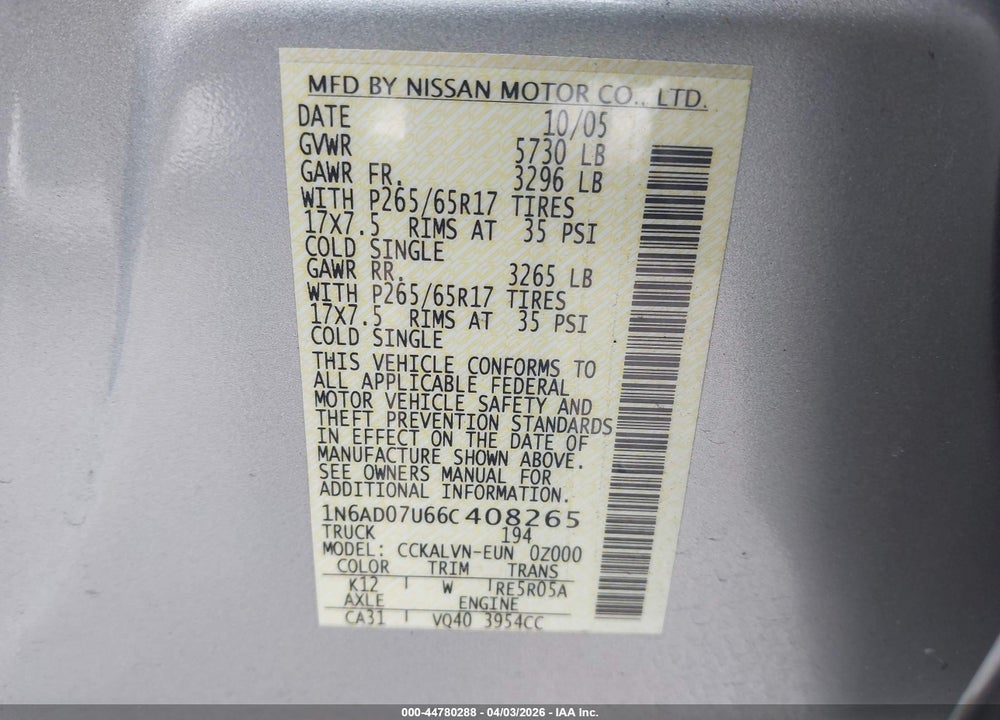 2006 NISSAN FRONTIER LE VIN: 1N6AD07U66C408265
