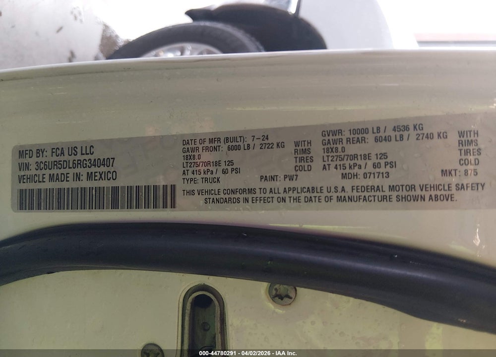 2024 RAM 2500 BIG HORN  4X4 6'4 BOX VIN: 3C6UR5DL6RG340407