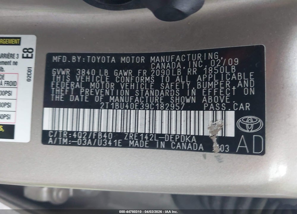 2009 TOYOTA COROLLA LE VIN: 2T1BU40E39C182957
