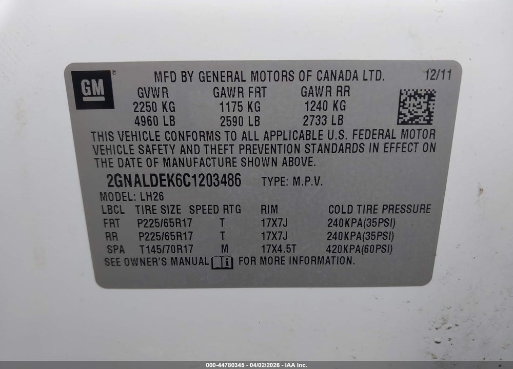 2012 CHEVROLET EQUINOX 1LT VIN: 2GNALDEK6C1203486