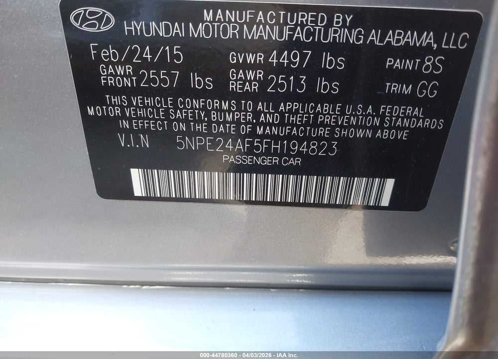 2015 HYUNDAI SONATA SE VIN: 5NPE24AF5FH194823