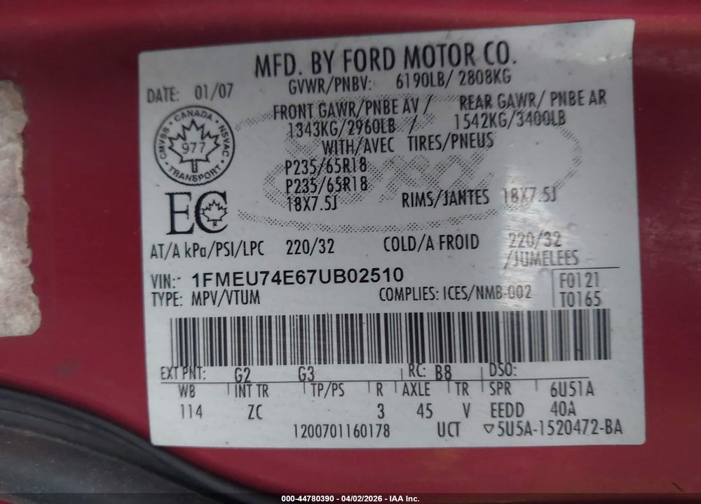2007 FORD EXPLORER EDDIE BAUER VIN: 1FMEU74E67UB02510