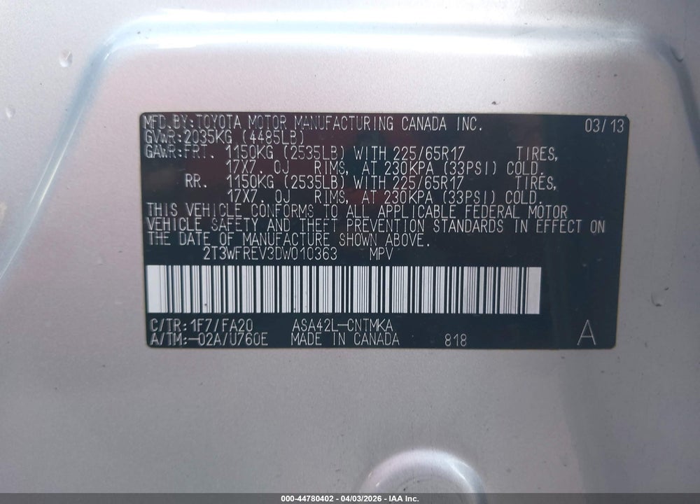 2013 TOYOTA RAV4 XLE VIN: 2T3WFREV3DW010363