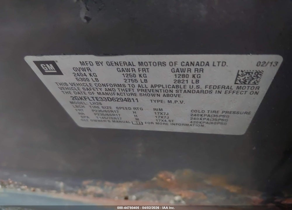 2013 GMC TERRAIN SLE-2 VIN: 2GKFLTE33D6294811