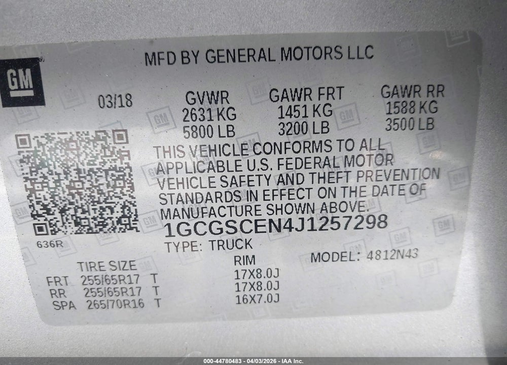 2018 CHEVROLET COLORADO LT VIN: 1GCGSCEN4J1257298