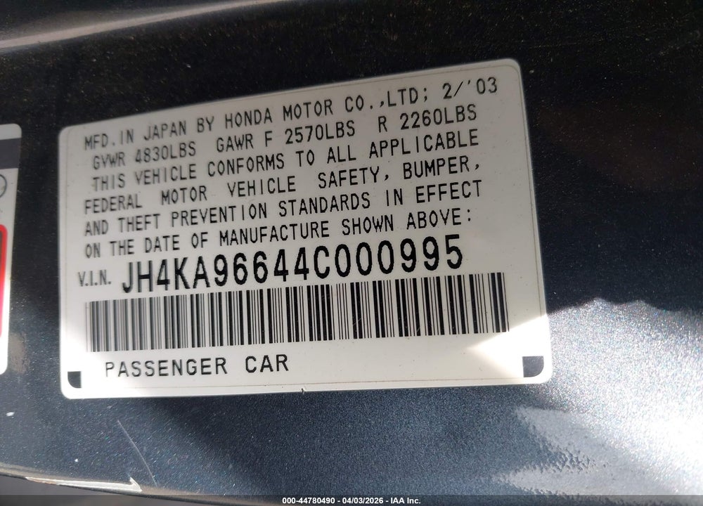 2004 ACURA RL 3.5 VIN: JH4KA96644C000995