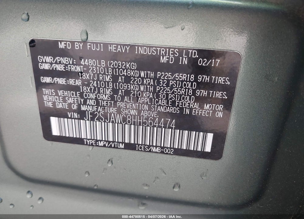 2017 SUBARU FORESTER 2.5I TOURING VIN: JF2SJAWC8HH564474