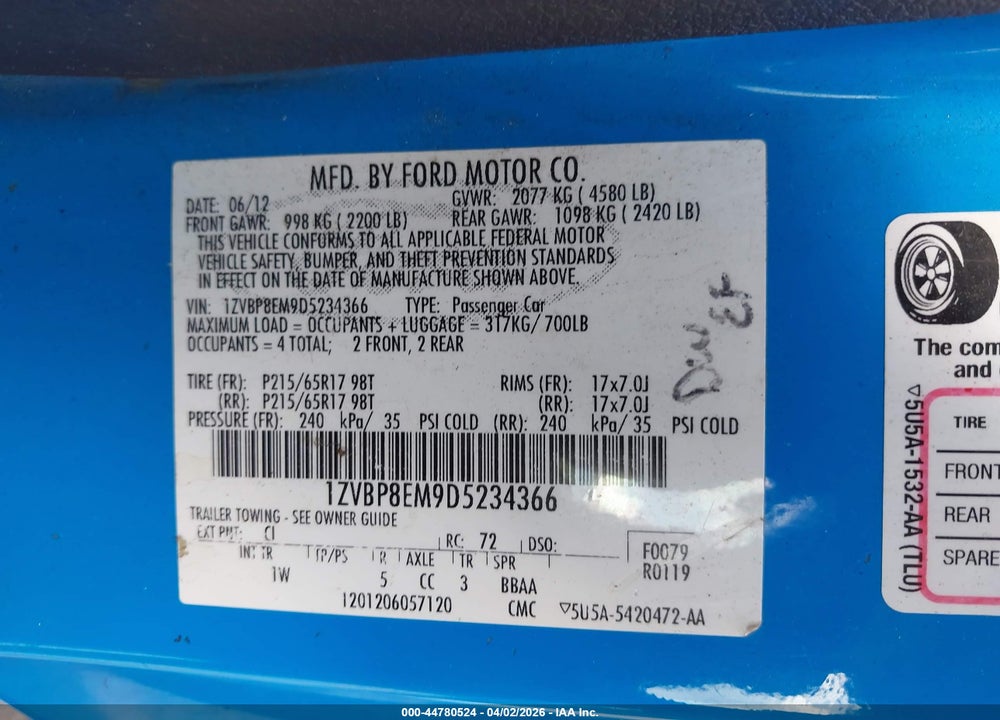 2013 FORD MUSTANG V6 VIN: 1ZVBP8EM9D5234366