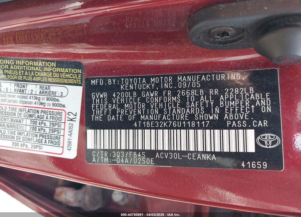 2006 TOYOTA CAMRY LE VIN: 4T1BE32K76U118117