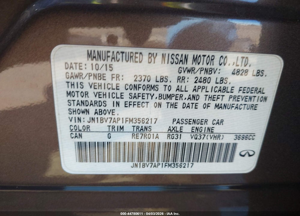 2015 INFINITI Q50 PREMIUM VIN: JN1BV7AP1FM356217