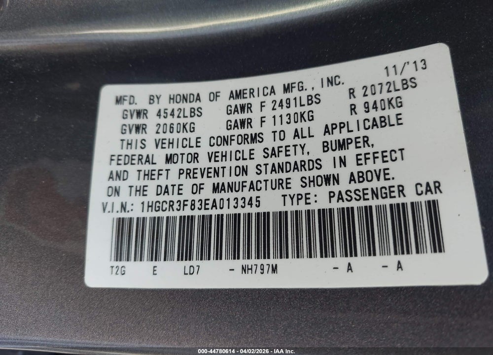 2014 HONDA ACCORD EX-L V-6 VIN: 1HGCR3F83EA013345