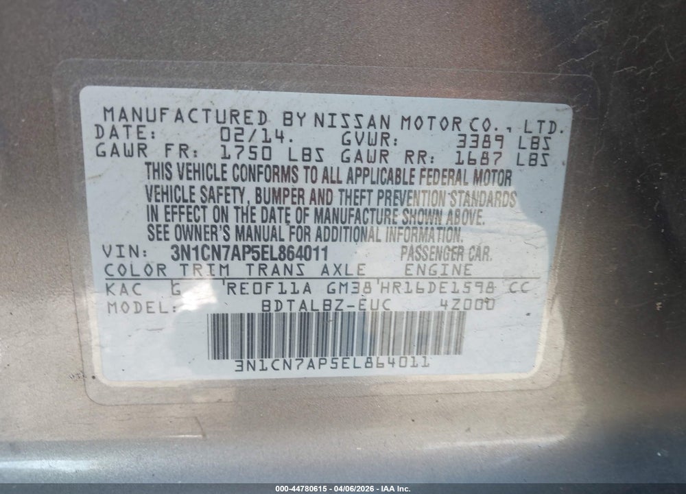 2014 NISSAN VERSA 1.6 SV VIN: 3N1CN7AP5EL864011