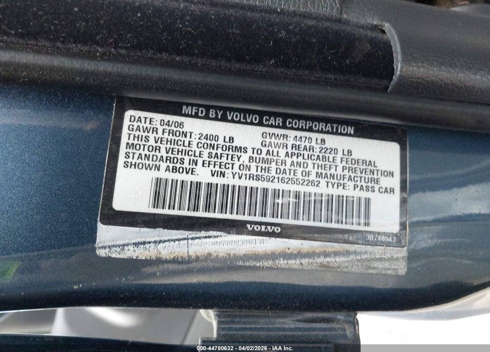 2006 VOLVO S60 2.5T VIN: YV1RS592162552262
