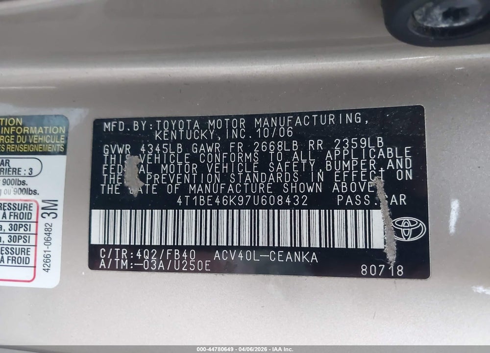 2007 TOYOTA CAMRY LE VIN: 4T1BE46K97U608432