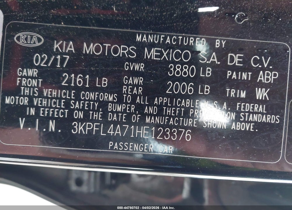 2017 KIA FORTE LX VIN: 3KPFL4A71HE123376