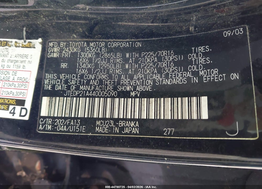 2004 TOYOTA HIGHLANDER V6 VIN: JTEDP21A440005090