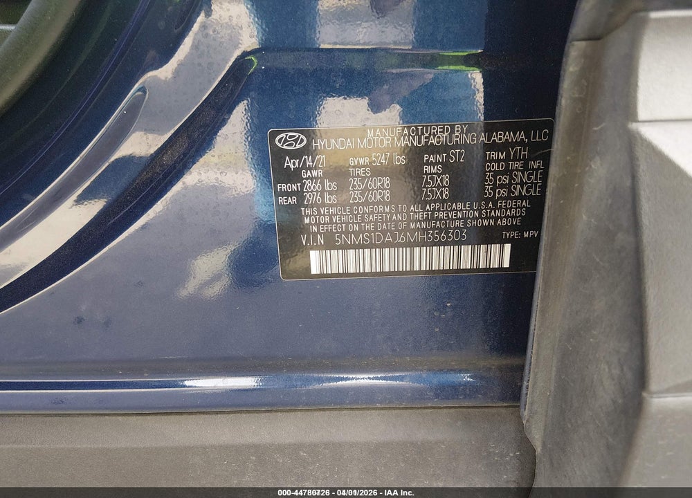 2021 HYUNDAI SANTA FE SE VIN: 5NMS1DAJ6MH356303