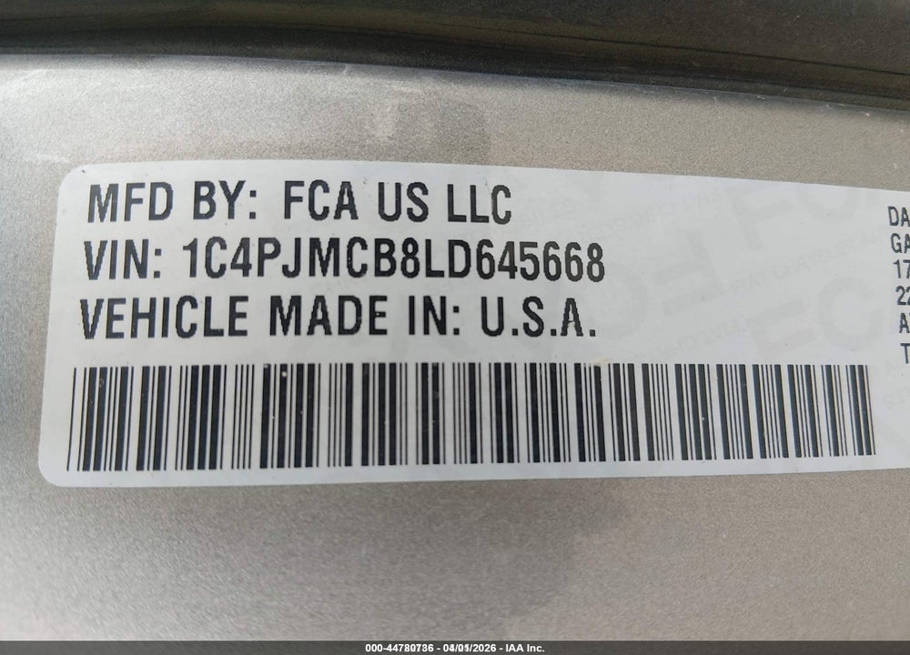 2020 JEEP CHEROKEE LATITUDE 4X4 VIN: 1C4PJMCB8LD645668