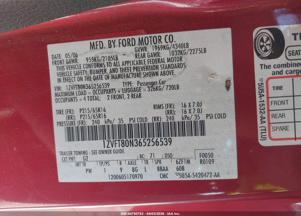 2006 FORD MUSTANG V6 VIN: 1ZVFT80N365256539