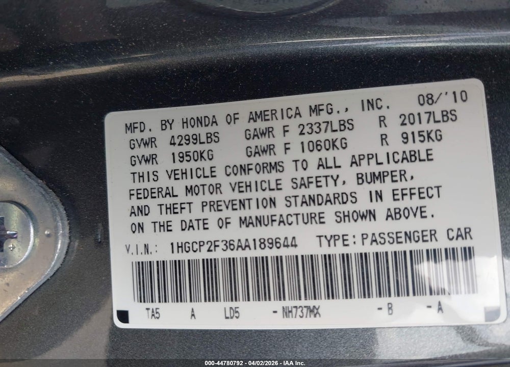 2010 HONDA ACCORD 2.4 LX VIN: 1HGCP2F36AA189644