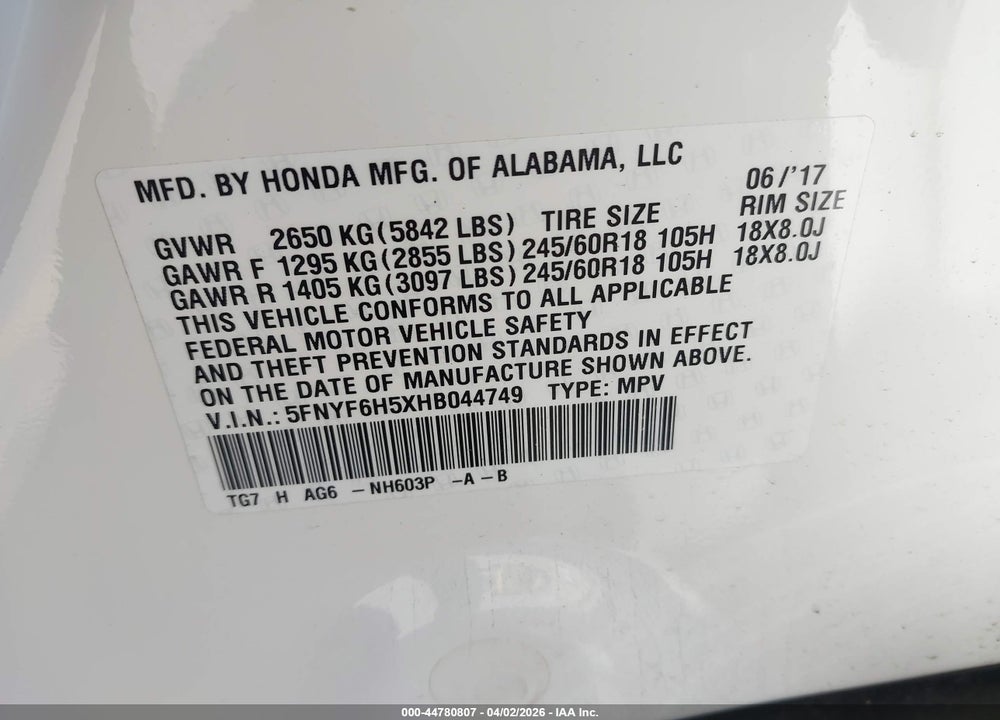 2017 HONDA PILOT EX-L VIN: 5FNYF6H5XHB044749