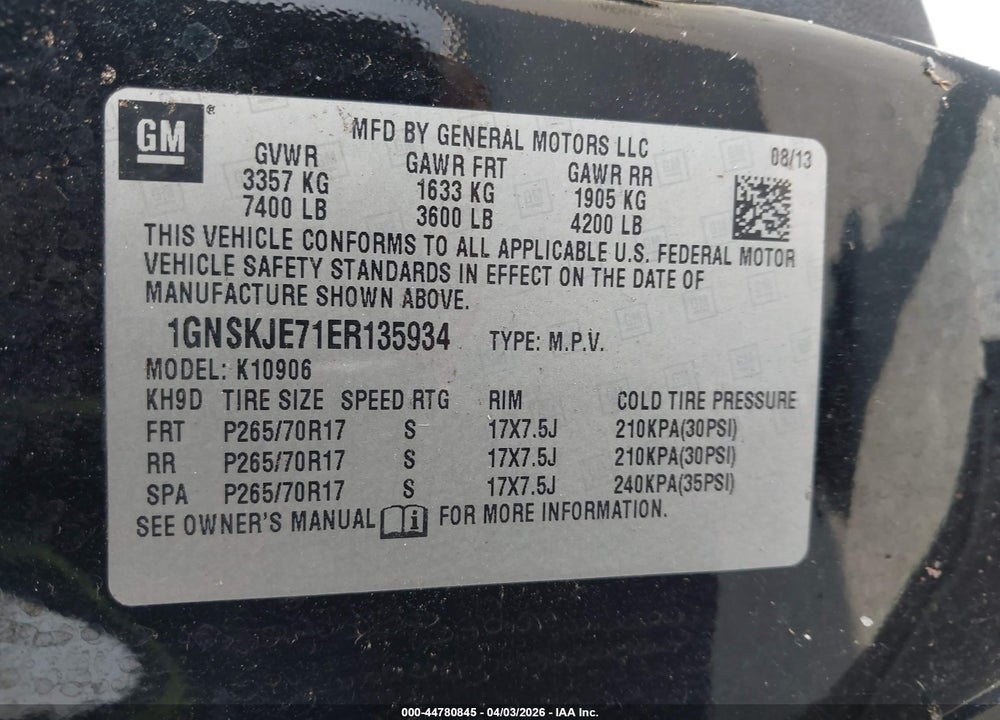 2014 CHEVROLET SUBURBAN 1500 LT VIN: 1GNSKJE71ER135934