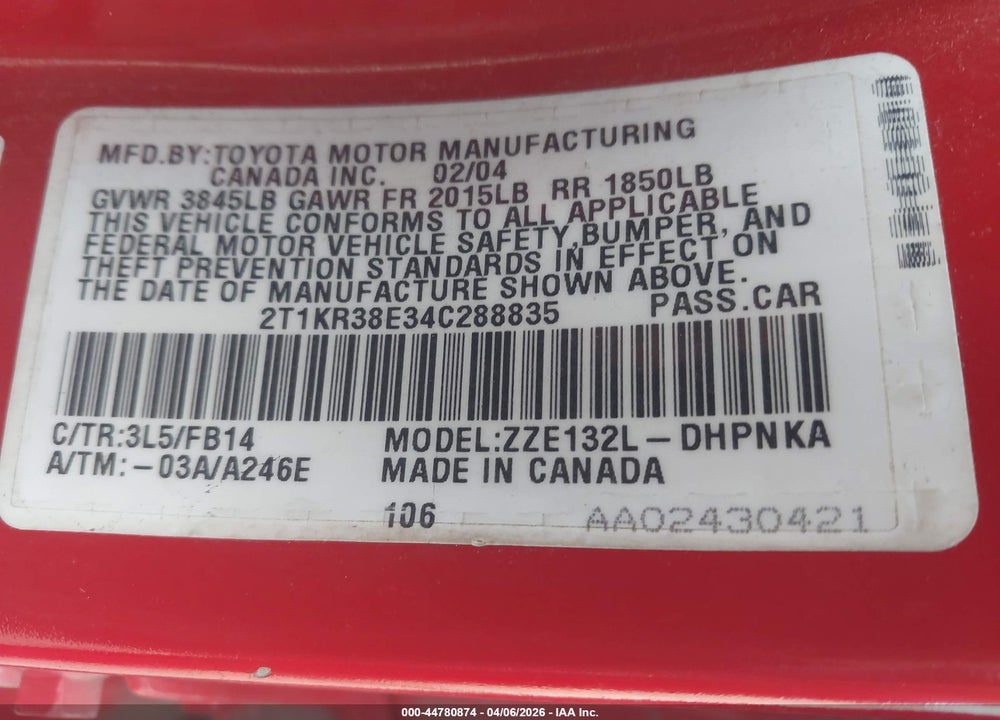 2004 TOYOTA MATRIX XR VIN: 2T1KR38E34C288835