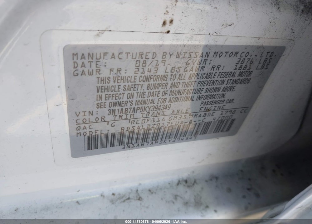 2019 NISSAN SENTRA SV VIN: 3N1AB7AP5KY394349