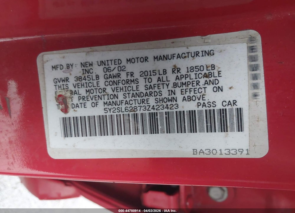 2003 PONTIAC VIBE VIN: 5Y2SL62873Z423423
