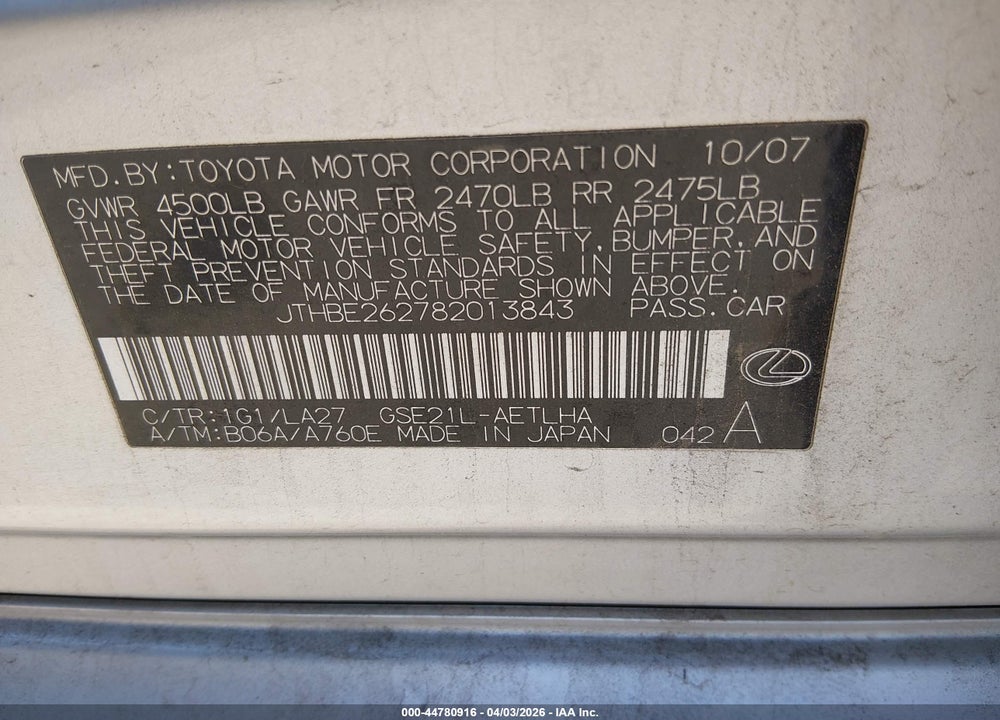 2008 LEXUS IS 350 VIN: JTHBE262782013843