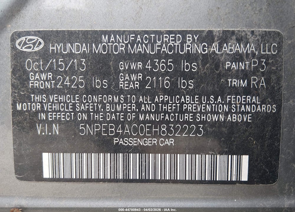 2014 HYUNDAI SONATA GLS VIN: 5NPEB4AC0EH832223