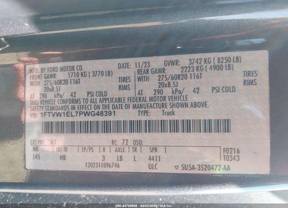 2023 FORD F-150 LIGHTNING LARIAT VIN: 1FTVW1EL7PWG48391