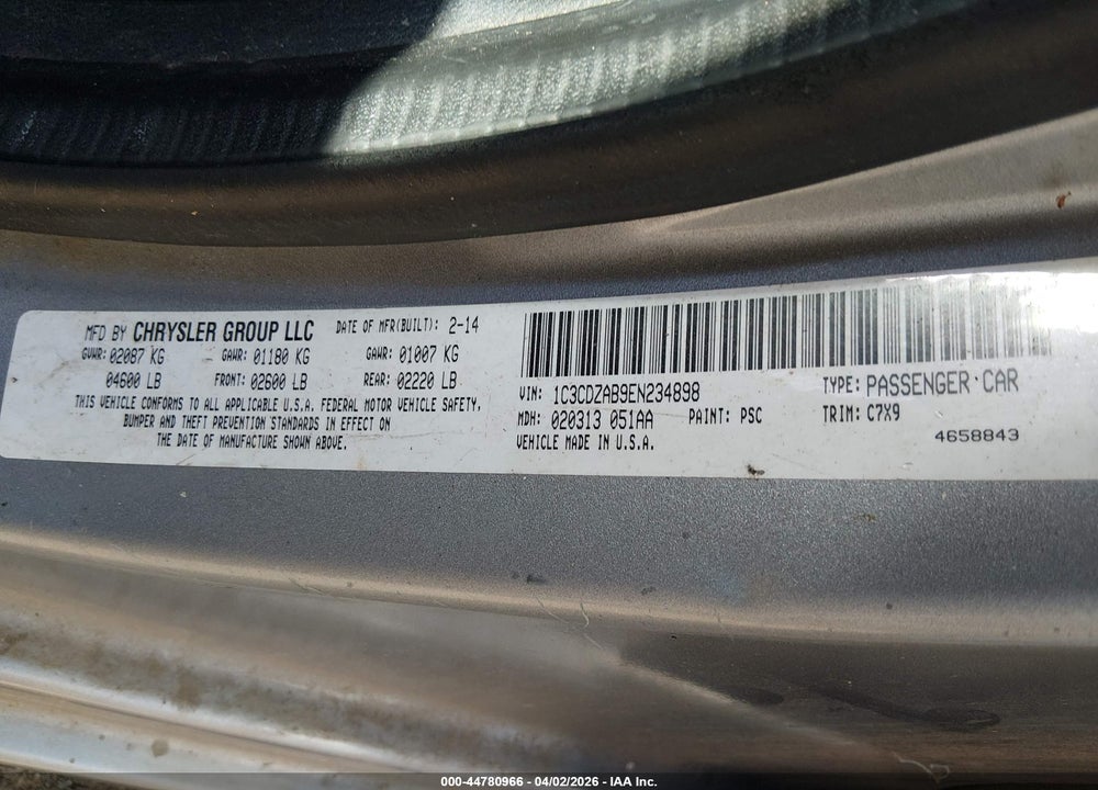 2014 DODGE AVENGER SE VIN: 1C3CDZAB9EN234898